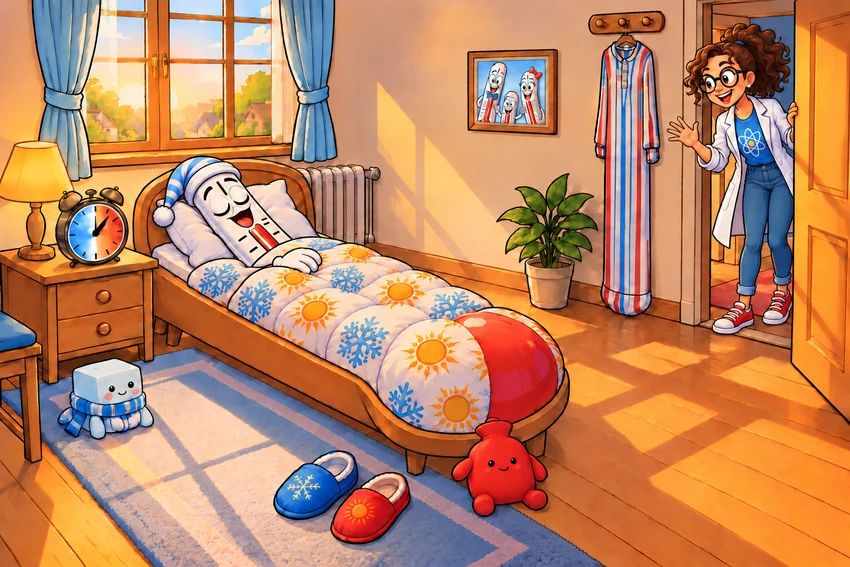 Thermo is asleep in his bedroom as Zetia appears at the door.